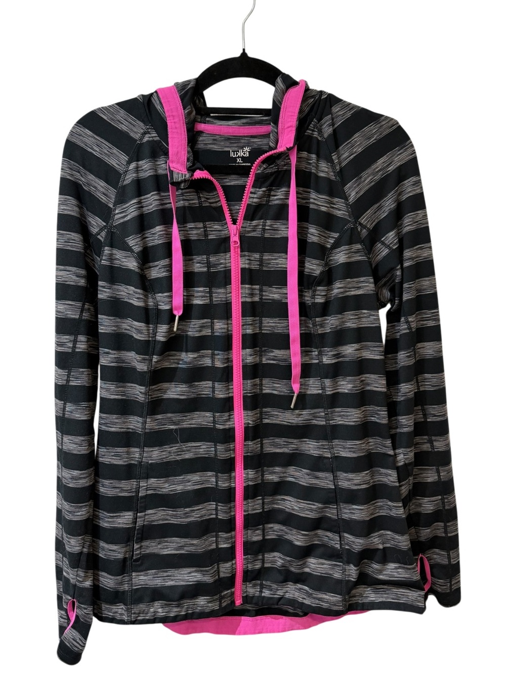 Lukka Black & Pink Striped Hooded Zip Jacket size XL